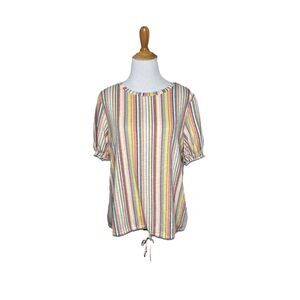 Como Vintage Pastel Vertical Striped Blouse Top Tie at Waist Size Large Petite